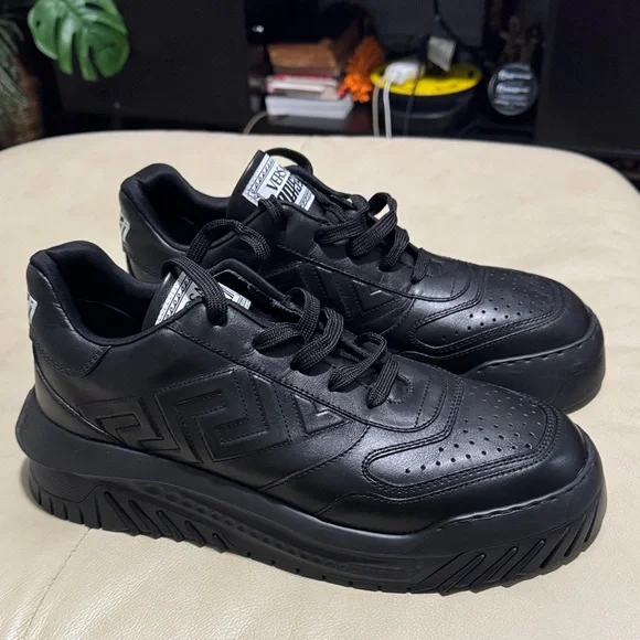 Versace Black Leather Men's Sneakers - Picture 3 of 9